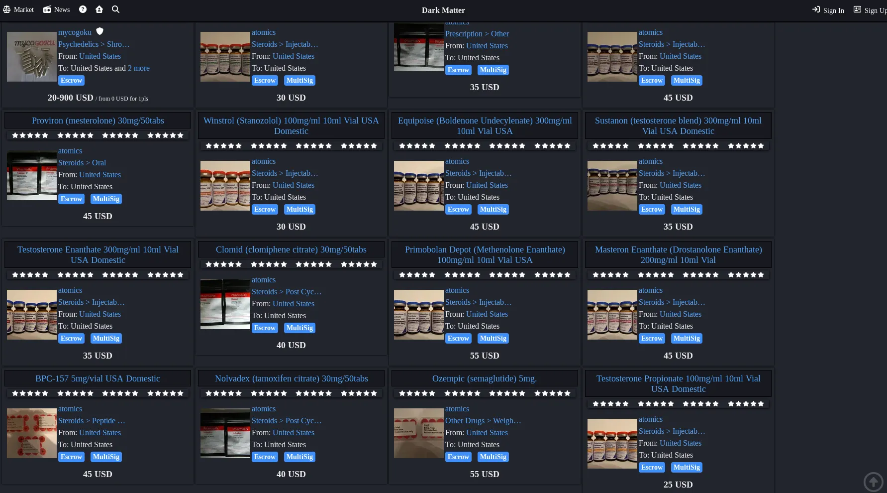 Darkmatter Market interface - product listings with Escrow and MultiSig badges
